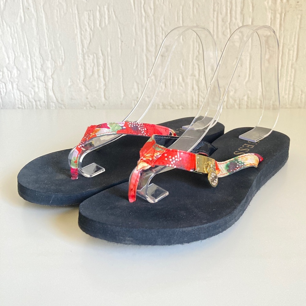 Guess Black Sandal Flip-Flops with Red Floral Straps